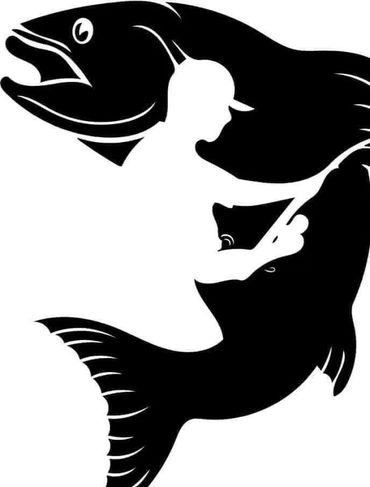 Silhouette of a person fishing inside a large fish shape.