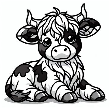 Cute black and white cartoon calf sitting down with big eyes.