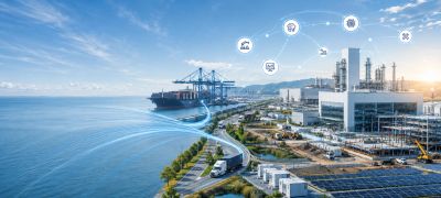 Industrial port with smart technology icons.