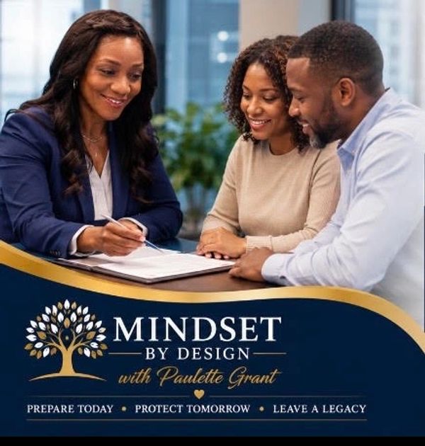 Three people discussing documents with Mindset by Design branding.