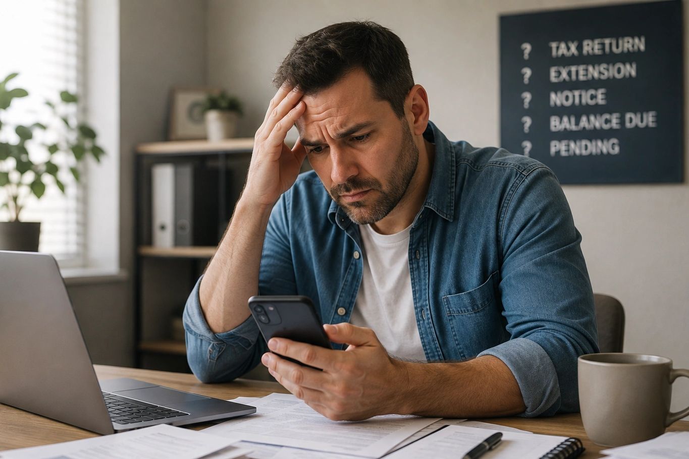 Man stressed over tax issues looking at his phone.