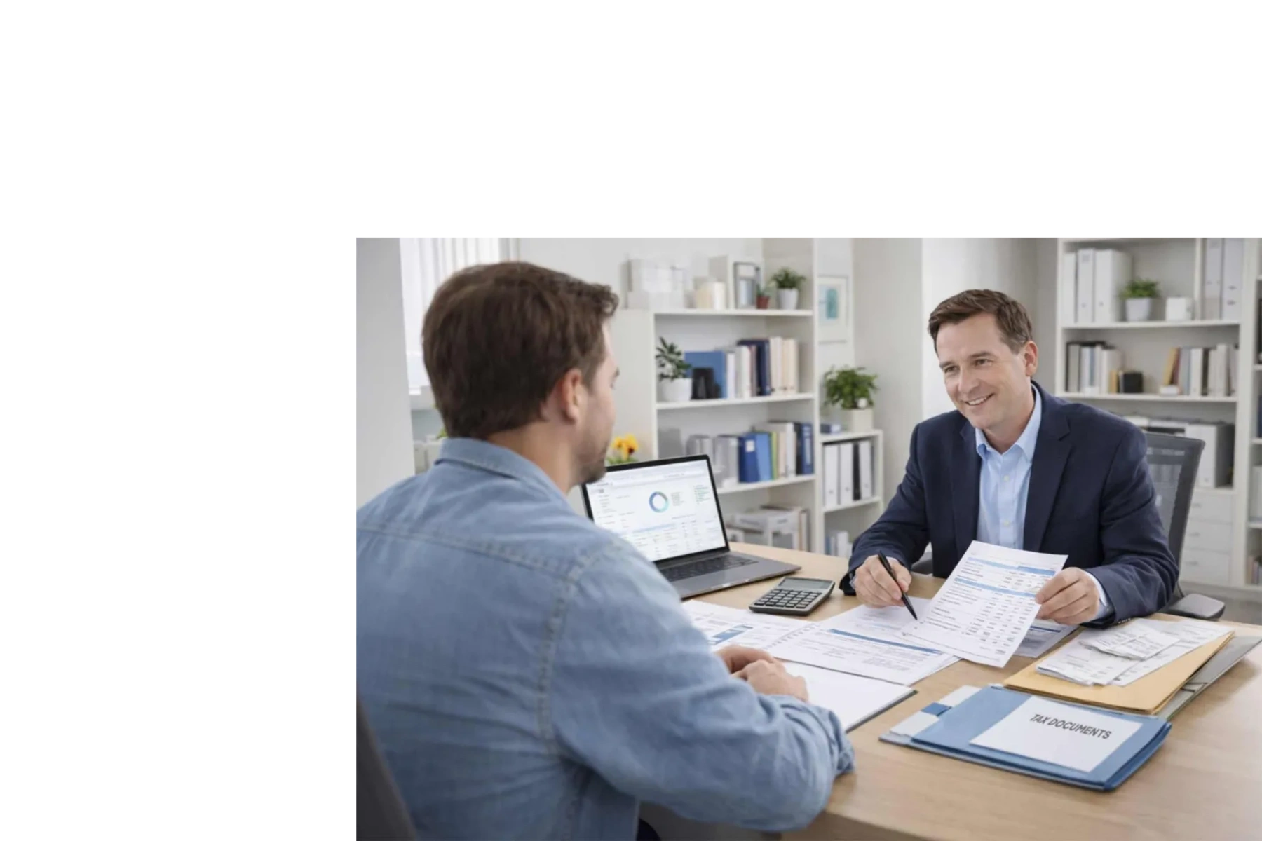 Two men discussing financial documents in an office.