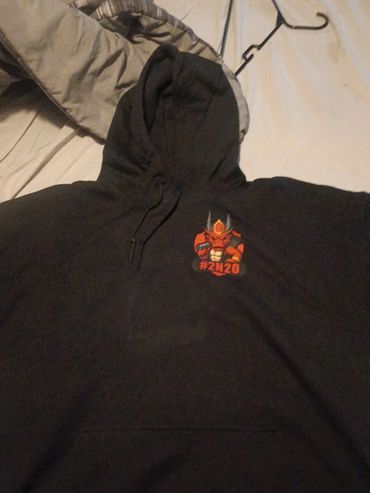 Hoodie with dragon logo on front and firefighter/dragon face off with #2N2O on back