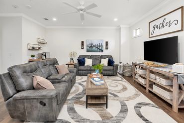 Large den on second floor. Leather couches and 50" smart TV.