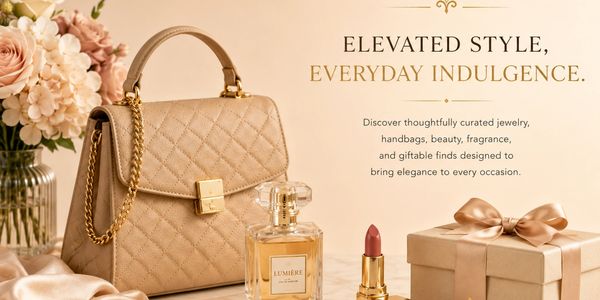 Elegant handbag, perfume, lipstick, and gift set with flowers.