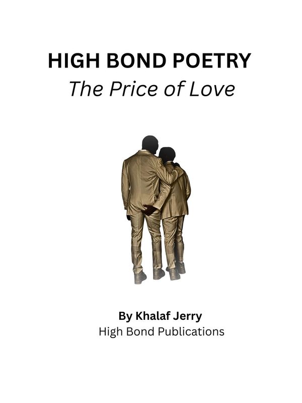 Book cover titled 'High Bond Poetry: The Price of Love' by Khalaf Jerry with two men in gold suits embracing.