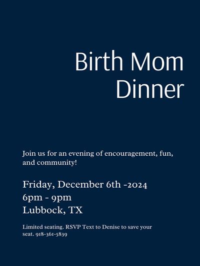 Invitation for Birth Mom Dinner on December 6th in Lubbock, TX.