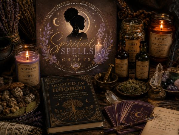 Setup of spiritual and hoodoo items with candles, herbs, and books.