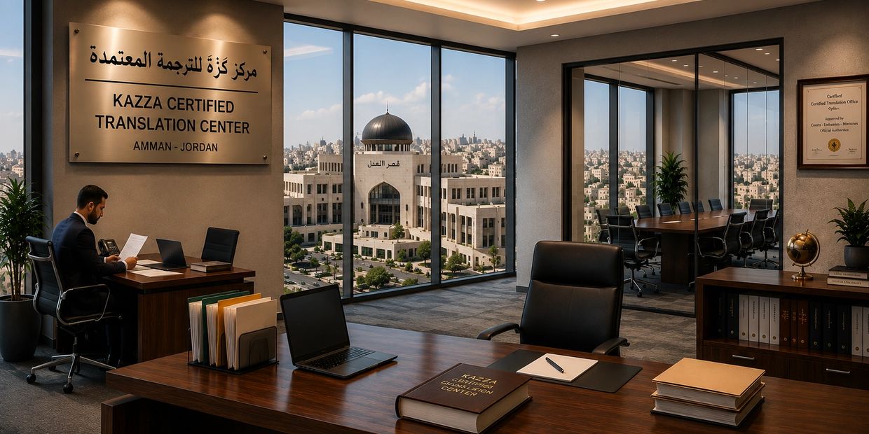Modern translation office with city view in Amman, Jordan.