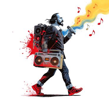 A man with a boombox and microphone walks, emitting colorful musical notes.