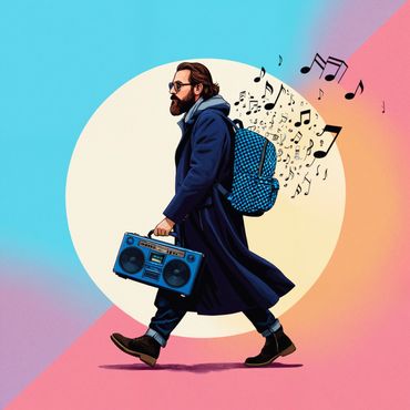 Man walking with a boombox and musical notes floating behind him.