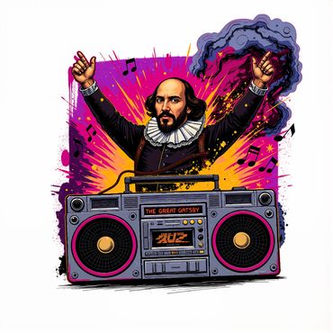 Shakespeare as a DJ with a vintage boombox and vibrant music notes.