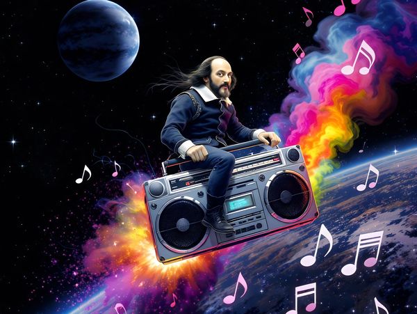 A man resembling Shakespeare rides a boombox through colorful space music notes.