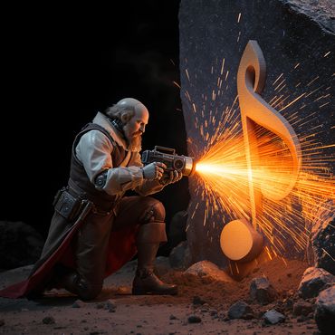 Robot Shakespeare carving rock