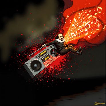 Shakespeare riding a boombox, projecting musical notes in vibrant colors.