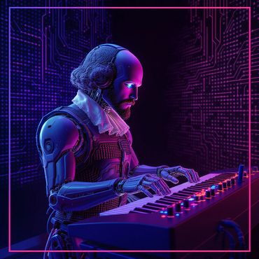 A futuristic cyborg with a Shakespearean collar plays a keyboard in neon lighting.