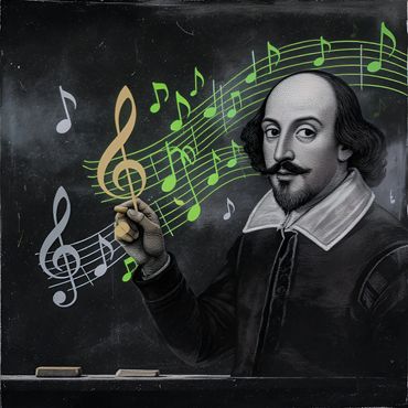 Shakespeare teaching music with colorful notes on a blackboard.