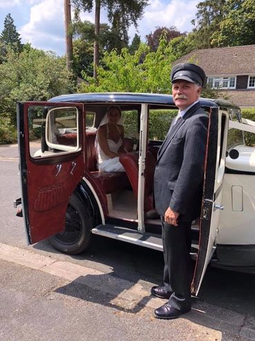 BRAY Wedding Cars. Doris (1935 Austin 12/6). Getting ready for a wedding with the beautiful bride.
