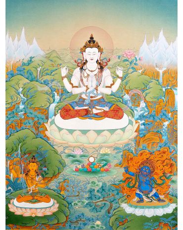 Avalokiteschvara, Manjushri, and Vajrapani in traditional Tibetan Buddhist Style