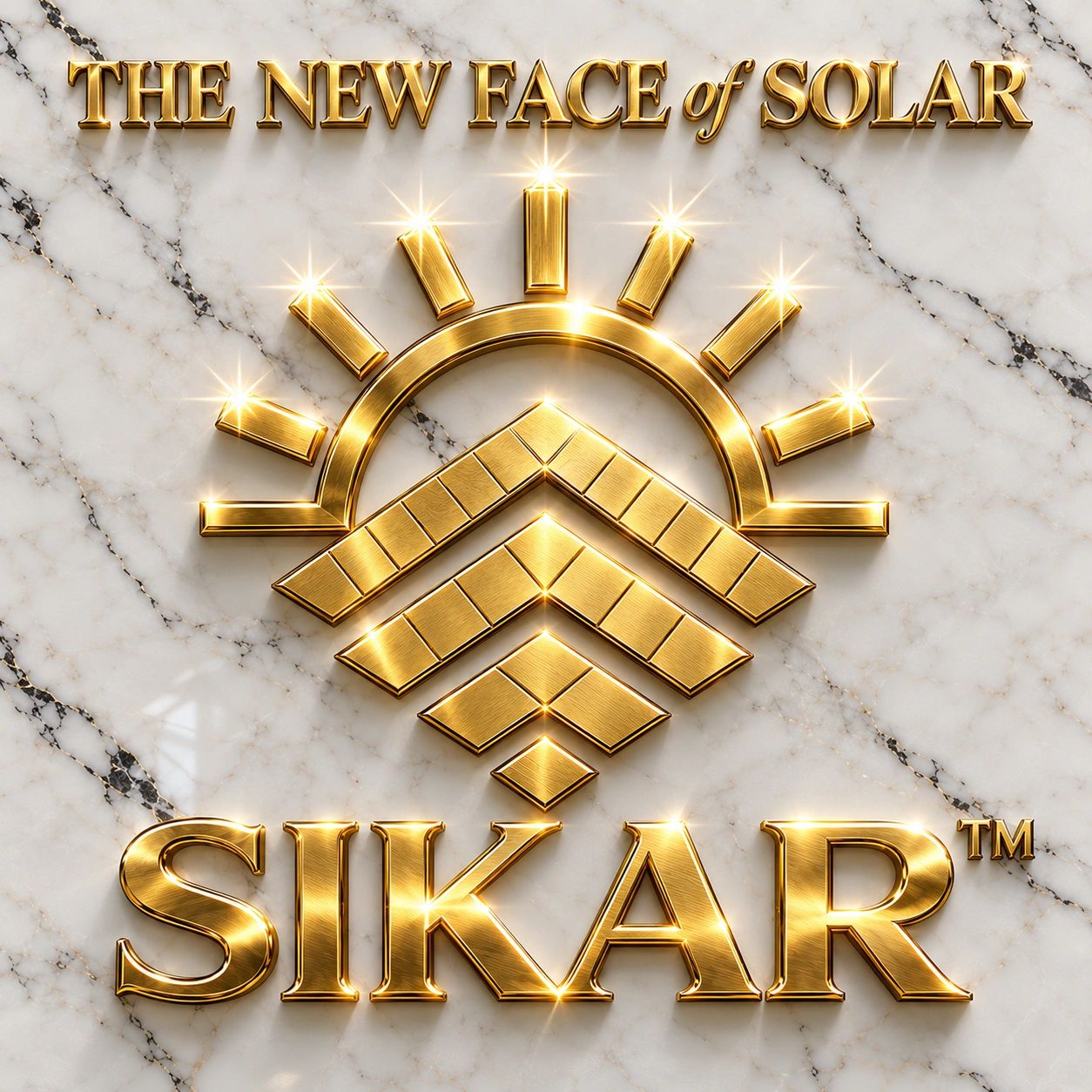 Golden solar-themed logo on marble background with text "THE NEW FACE of SOLAR" and "SIKAR™".