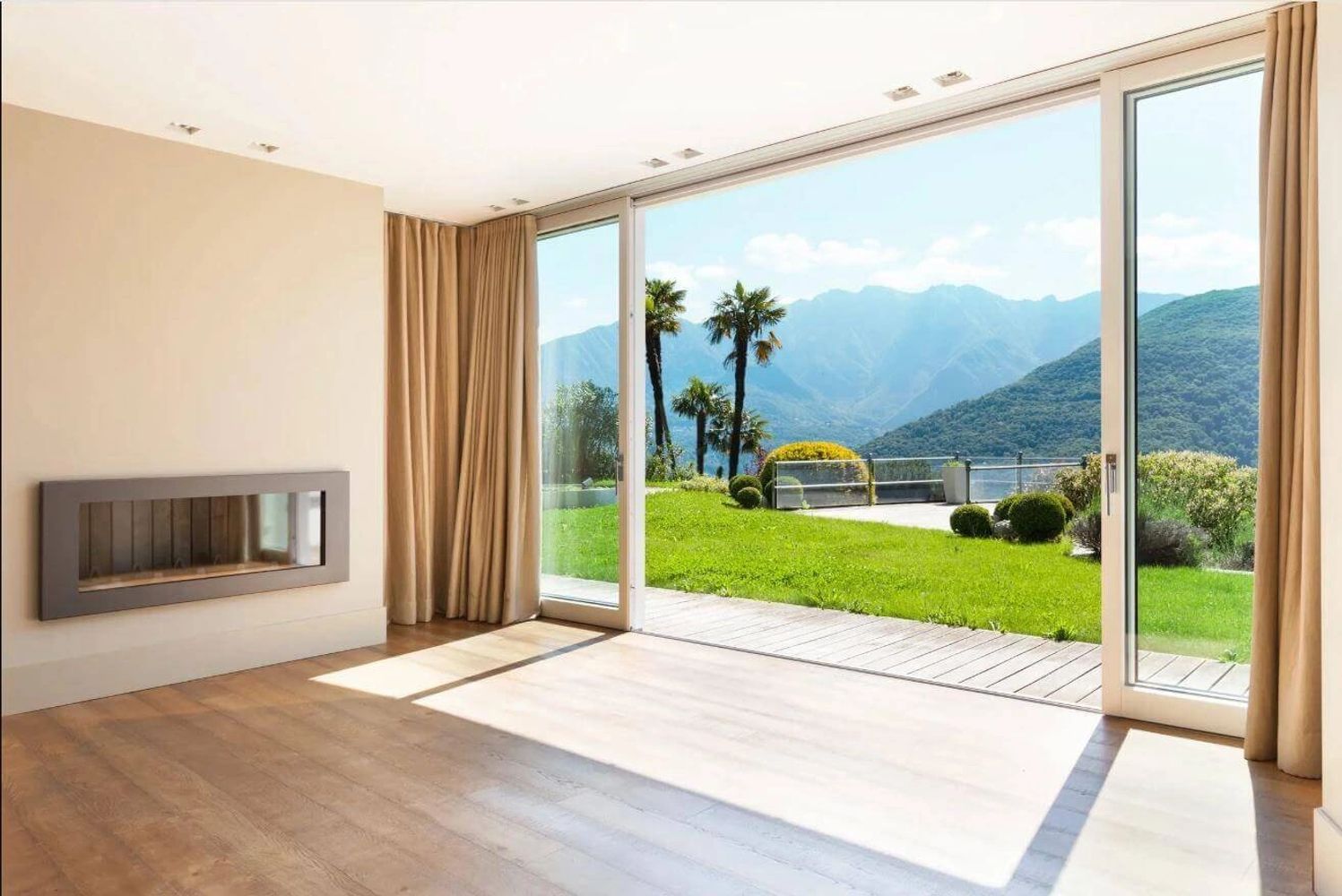 Stevenson Ranch sliding glass door repair, modern living room with mountain view.