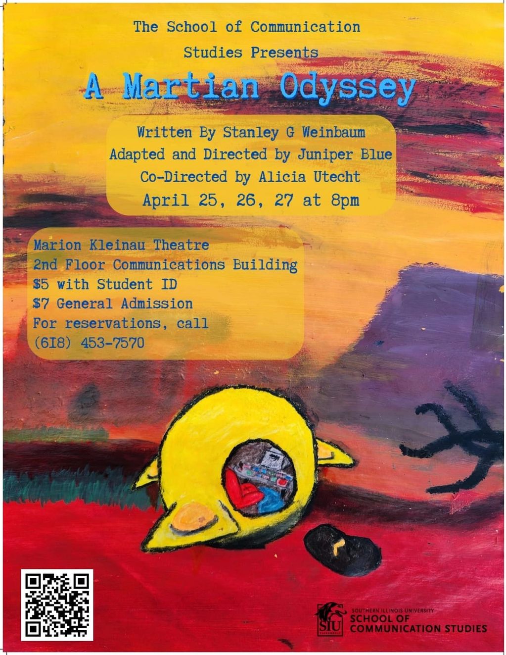 Poster for "A Martian Odyssey" play by The School of Communication Studies with colorful alien landscape.