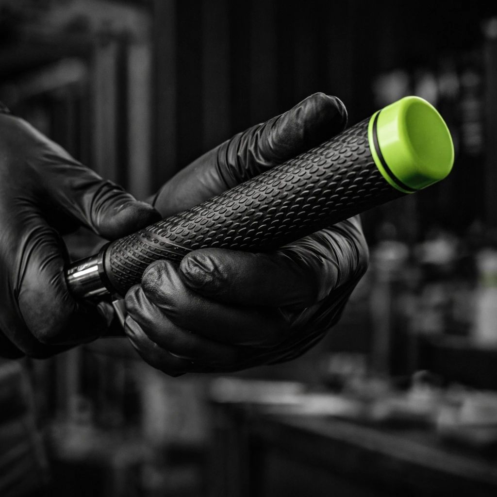 Hands in black gloves gripping a tool with a green cap.