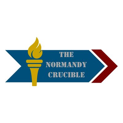 Logo with a torch and text 'The Normandy Crucible' on a blue and red arrow background.
