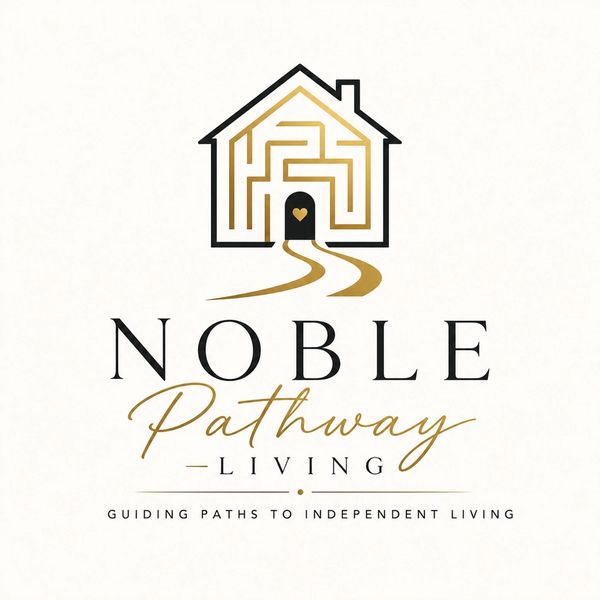 Logo of Noble Pathway Living with a house maze and heart symbol.