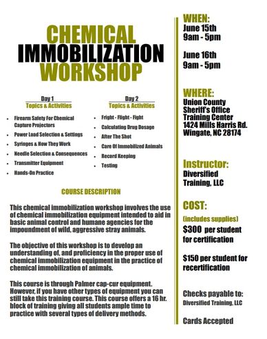 Flyer for a Chemical Immobilization Workshop with schedule, location, cost, and course details.