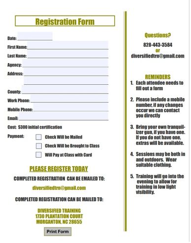A registration form for a training session with contact and payment details.