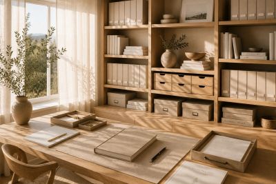 Warm minimalist office workspace with wooden shelving and natural light.