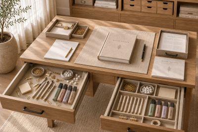 Neatly organized wooden desk with office supplies and stationery.