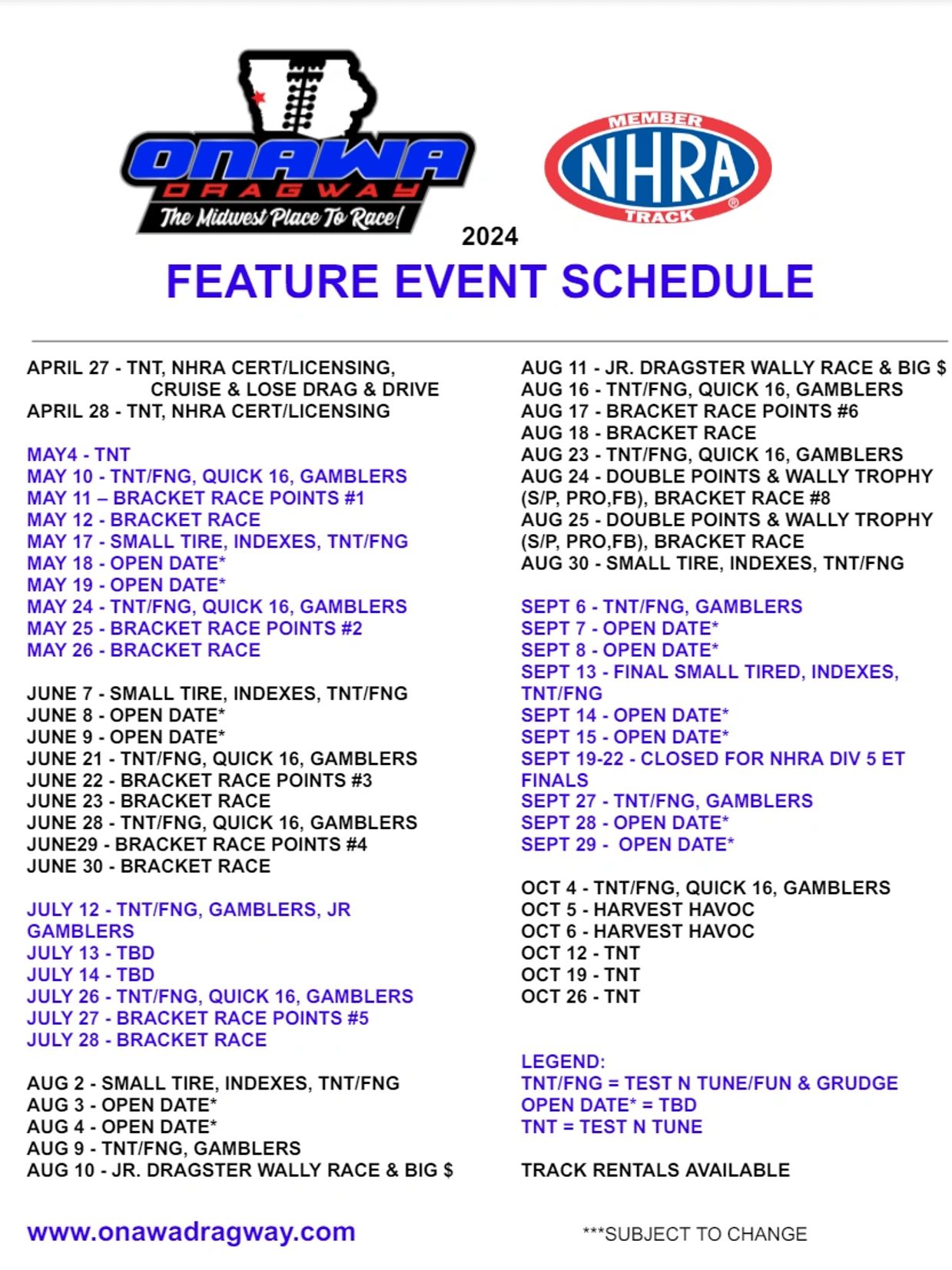 Onawa Dragway Schedule of Events