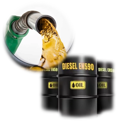 Black barrels labeled Diesel EN590 with oil being poured from a nozzle.