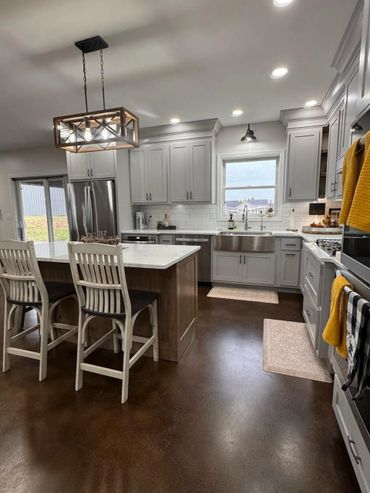 Modern kitchen with white cabinets and wooden island.