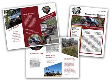 Rogue Valley SXS Club collateral including brochure and newsletter template.