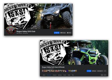 Screenshot of Rogue Valley SXS Club's Facebook profile and Club's private group page branding.