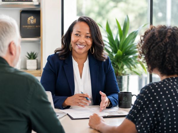 A professional woman in a navy blazer smiling and discussing with clients at a desk.
