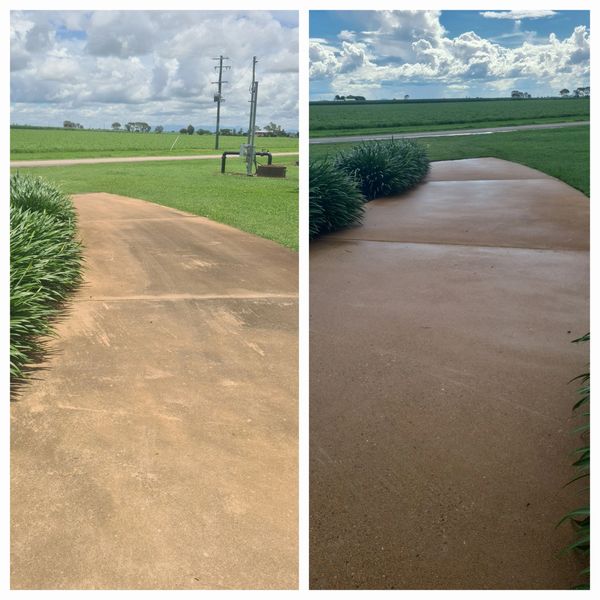 Two views of a concrete driveway with green fields and cloudy sky.
