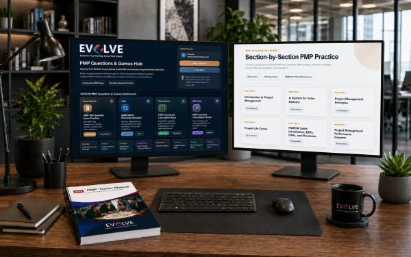 PMP exam preparation trainer materials from EVOLVE, aligned with PMBOK 8th Edition and 2026 PMI exam