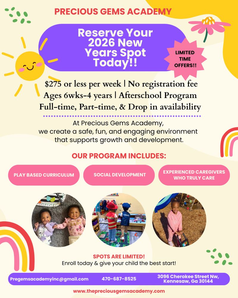 Precious Gems Academy offers affordable childcare with play-based curriculum and experienced caregivers for ages 6 weeks to 4 years.