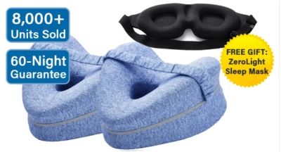Blue ZeroLight sleep mask with 60-night guarantee and free black mask gift.