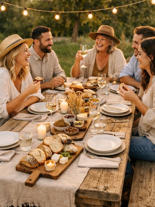 Friends enjoying an outdoor dinner party with wine and appetizers under string lights.
