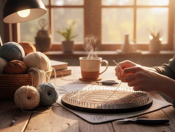 Cozy morning crafting with yarn and string art by a sunlit window.