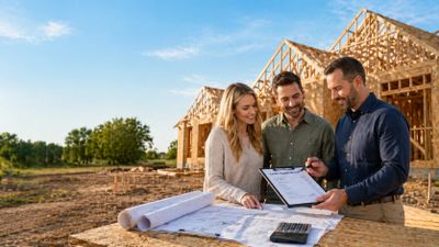 Couple reviewing loan application with builder at a construction site.