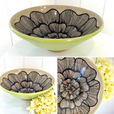 pottery bowl, ceramic glaze, gingko flower