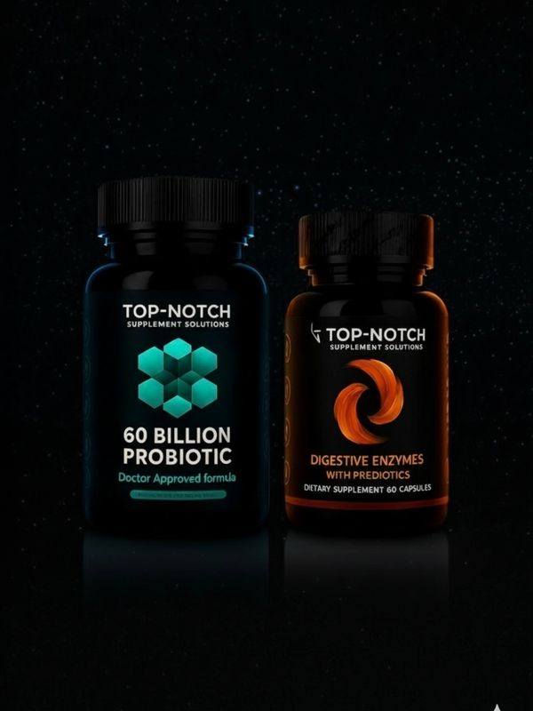 Two bottles of Top-Notch supplements with probiotics and digestive enzymes.