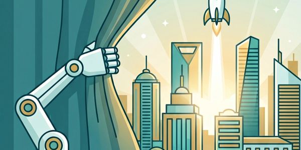 A robotic arm pulls back a curtain to reveal a futuristic city with a rocket launching.
