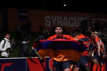 Nick Kaloukian celebrating victory at Syracuse University Men's Soccer Game